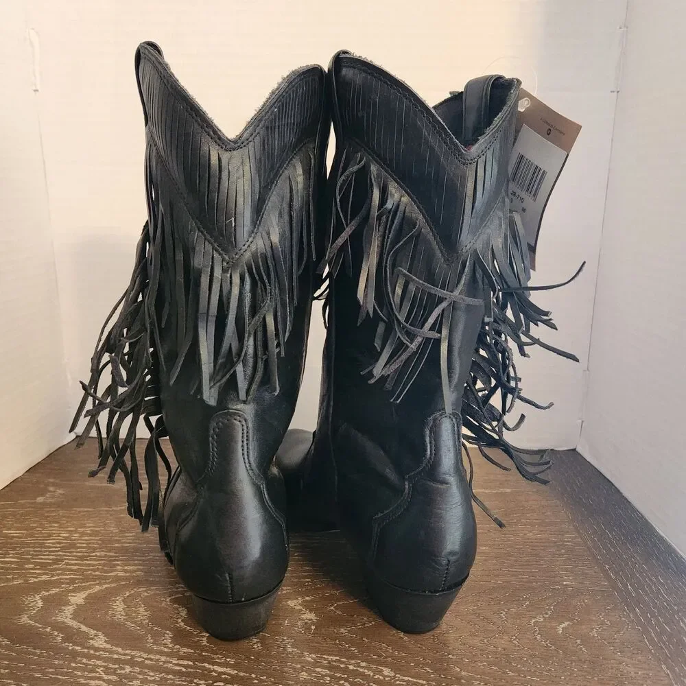 Vintage 80s 90s Laredo Black Leather Fringe Western Cowgirl Boots 28-710 NOS